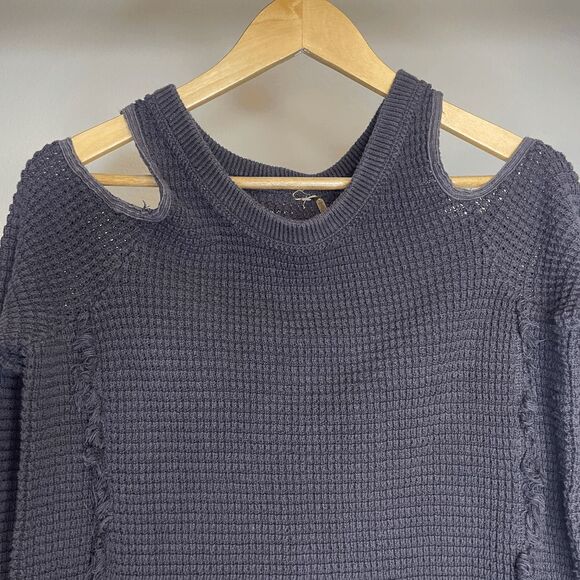 Free People Cold Shoulder Frayed Hem Waffle Knit Faded Black Sweater - Picture 4 of 7